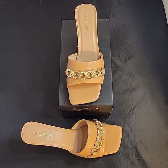 NEW ANNE MICHELLE GOLD CHAIN LINKING SQUARE TOE SANDAL - Picture 14 of 15